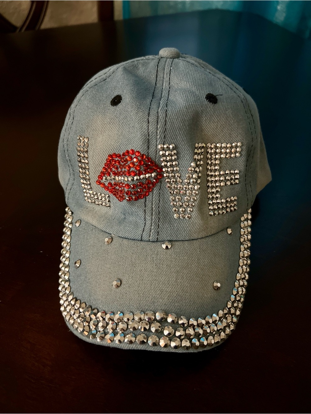 Light Blue Rhinestone 'LOVE' Baseball Cap with Red Lip Accent